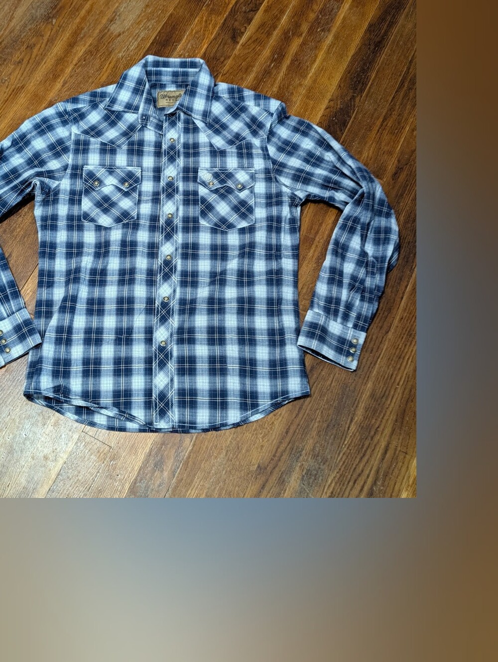 Vtg Wrangler pearl snap shirt blue plaid silver threads Mediumwestern cowboy EUC